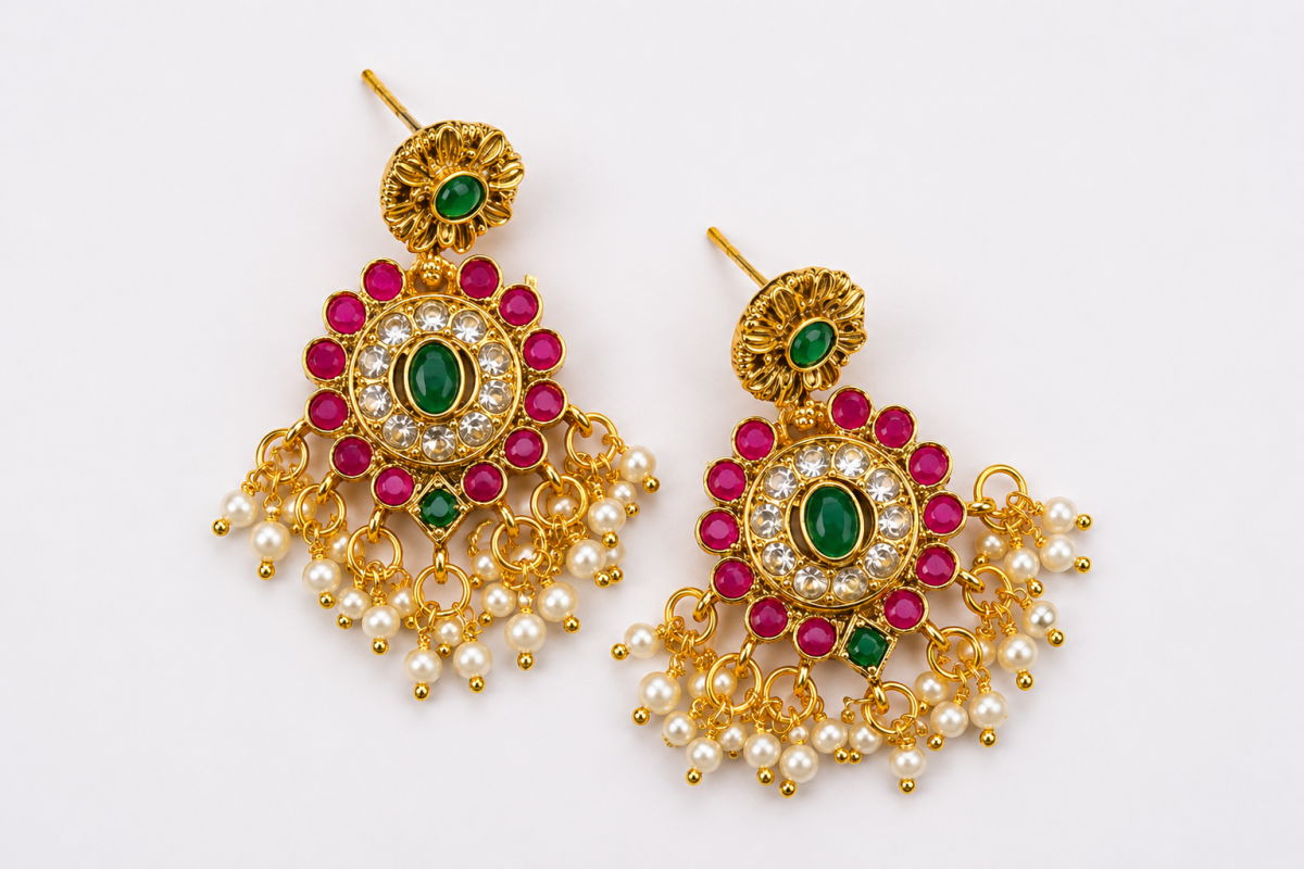 Narani - Necklace Set - Gold-Toned Traditional Choker Necklace Set with Multicolour Stone Work, Pearl Drops and Matching Jhumka Earrings. - 1 image 4