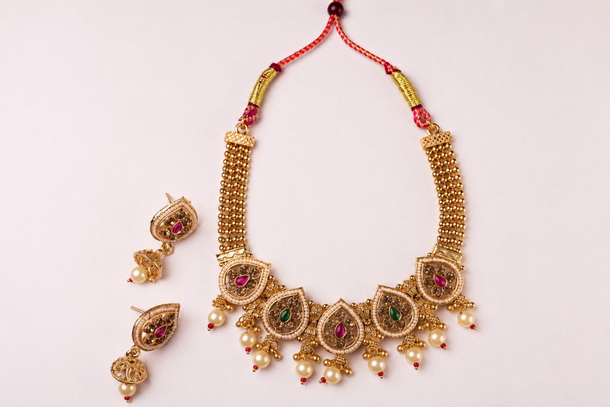 Narani - Necklace Set - Traditional Gold-Toned Choker Necklace Set with Multicolour Stonework, Faux Pearl Drops, Adjustable Dori and Matching Jhumka Earrings. - Quantity image 2