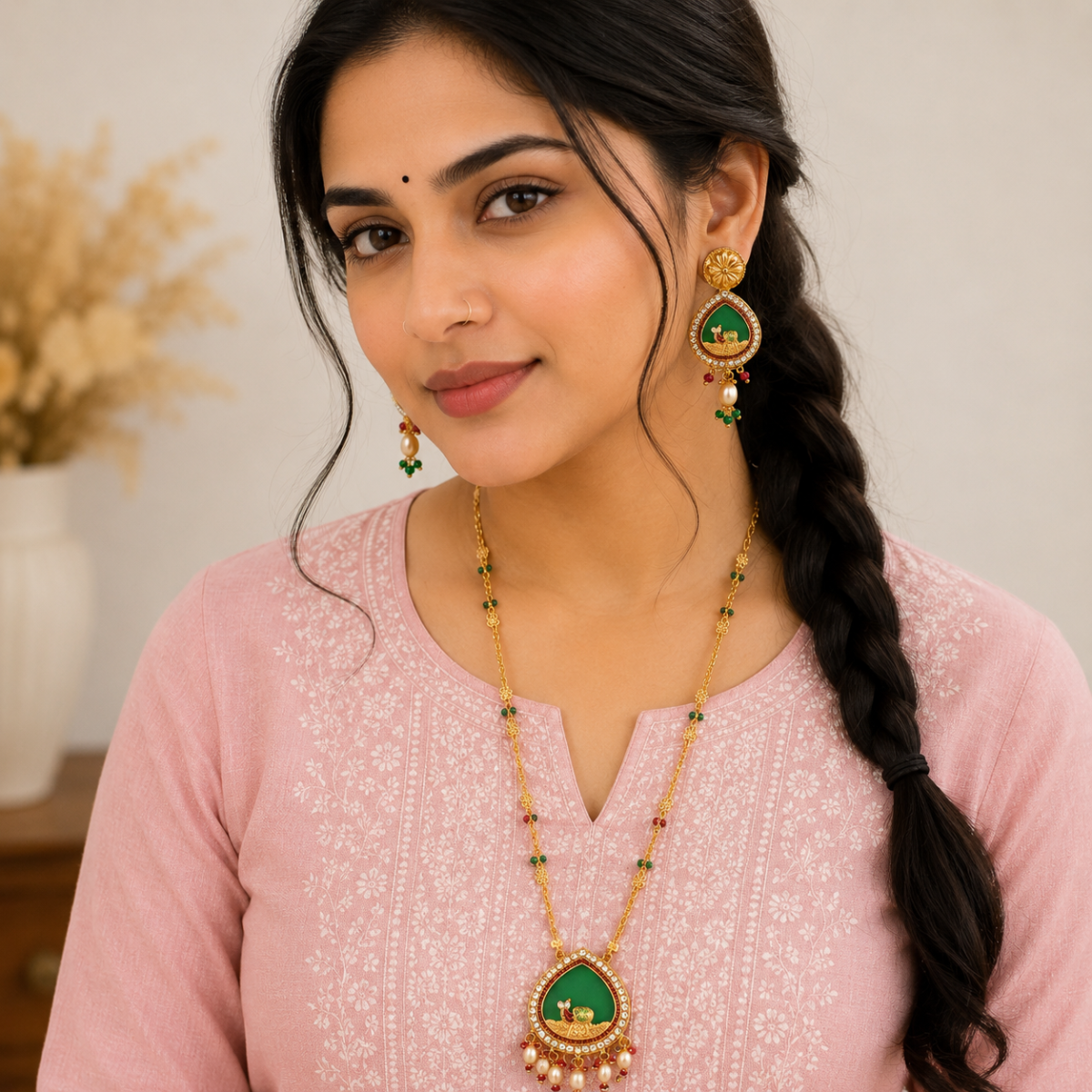 Narani - Necklace Set - Traditional Gold-Toned Long Necklace Set with Green Peacock-Design Pendant, Multicolour Beads, Faux Pearl Drops and Matching Earrings. image 2