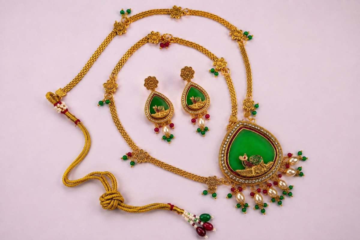 Narani - Necklace Set - Traditional Gold-Toned Long Necklace Set with Green Peacock-Design Pendant, Multicolour Beads, Faux Pearl Drops and Matching Earrings. image 3