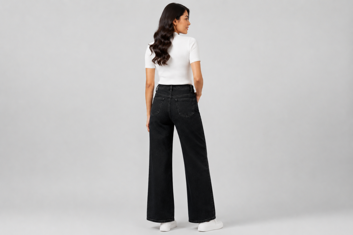 Gosagi - Women Jeans - Women’s Black High-Rise Wide-Leg Jeans with Button-and-Zip Closure, Belt Loops and Functional Pockets - Women's Fashion at GoAariva