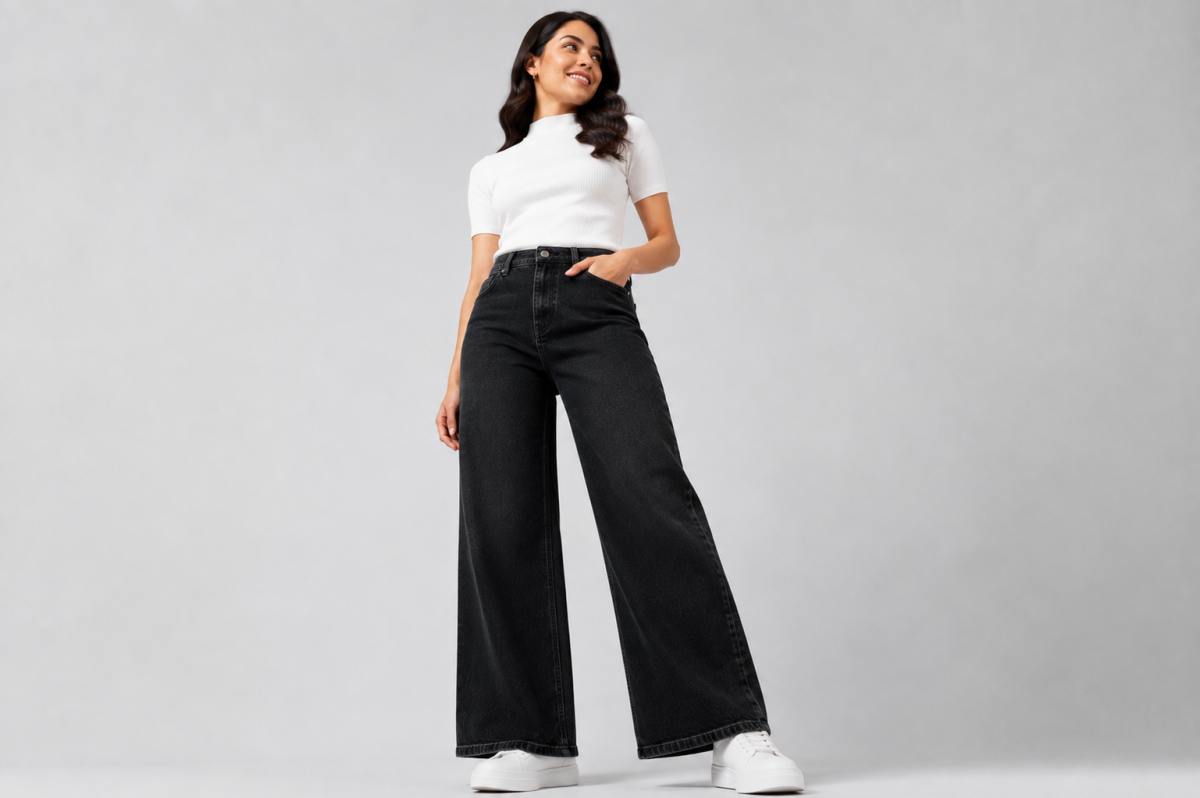 Gosagi - Women Jeans - Women’s Black High-Rise Wide-Leg Jeans with Button-and-Zip Closure, Belt Loops and Functional Pockets image 2