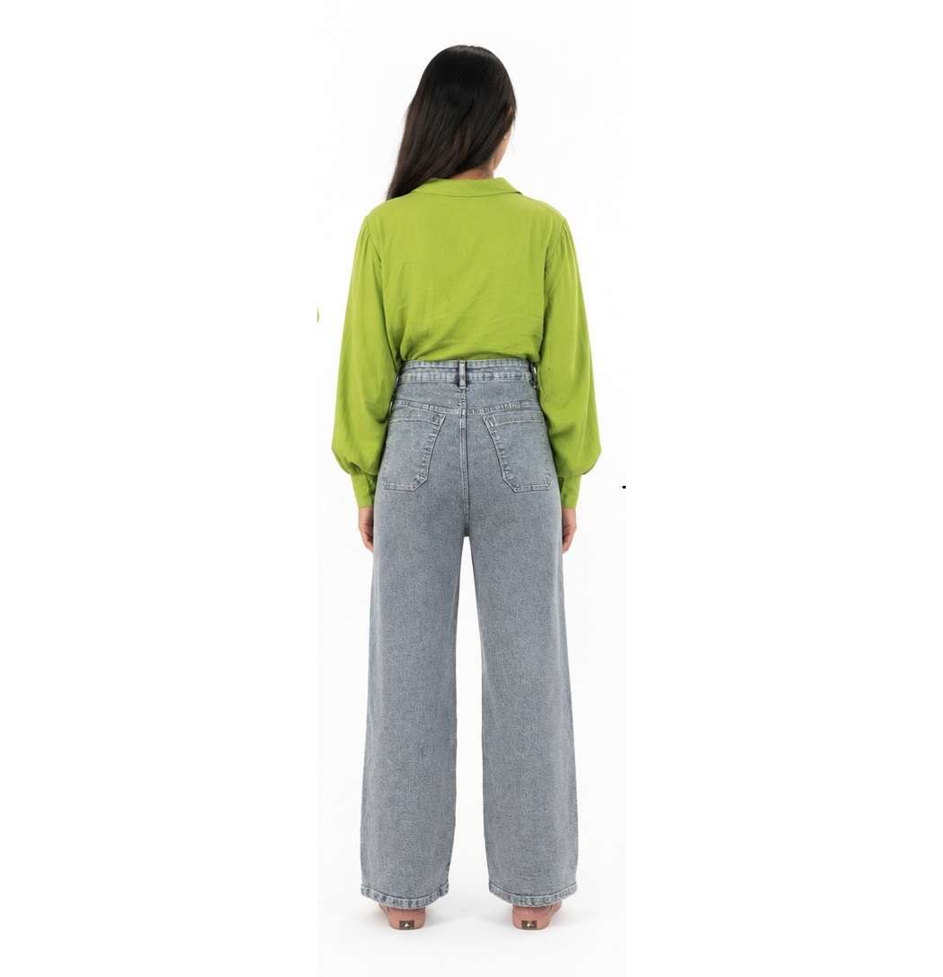 Women Jeans - Women’s Charcoal Grey High-Rise Wide-Leg Denim Jeans with Subtle Self-Pattern, Light Washed Finish, Functional Pockets and Button-Zip Closure. image 2