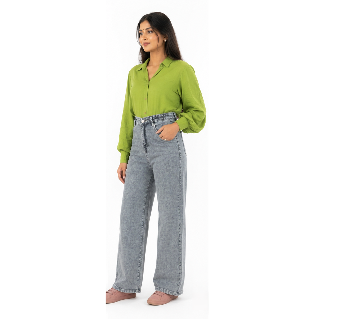 Women Jeans - Women’s Charcoal Grey High-Rise Wide-Leg Denim Jeans with Subtle Self-Pattern, Light Washed Finish, Functional Pockets and Button-Zip Closure. image 4