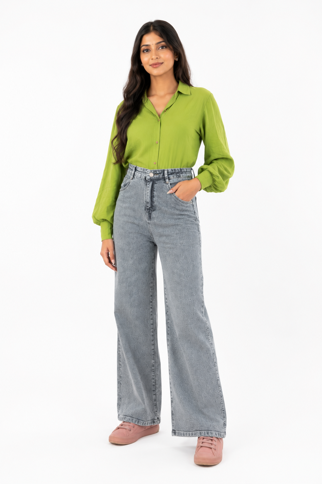 Women Jeans - Women’s Charcoal Grey High-Rise Wide-Leg Denim Jeans with Subtle Self-Pattern, Light Washed Finish, Functional Pockets and Button-Zip Closure. image 5