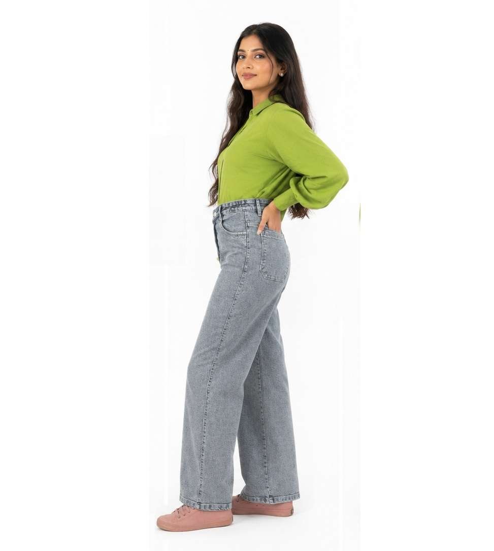 Women Jeans - Women’s Charcoal Grey High-Rise Wide-Leg Denim Jeans with Subtle Self-Pattern, Light Washed Finish, Functional Pockets and Button-Zip Closure. image 7